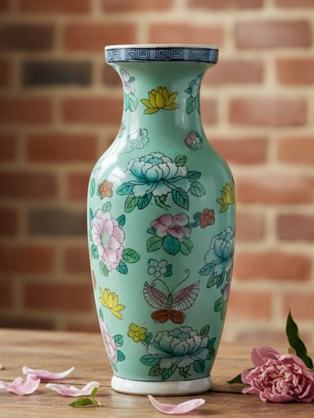 Vintage Chinese Turquoise Porcelain Floral Butterfly Vase